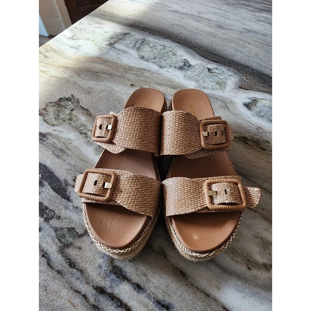 Boutique Womens Woven Espadrille Platform Slide Sandals Tan Size 7 Boho Coastal